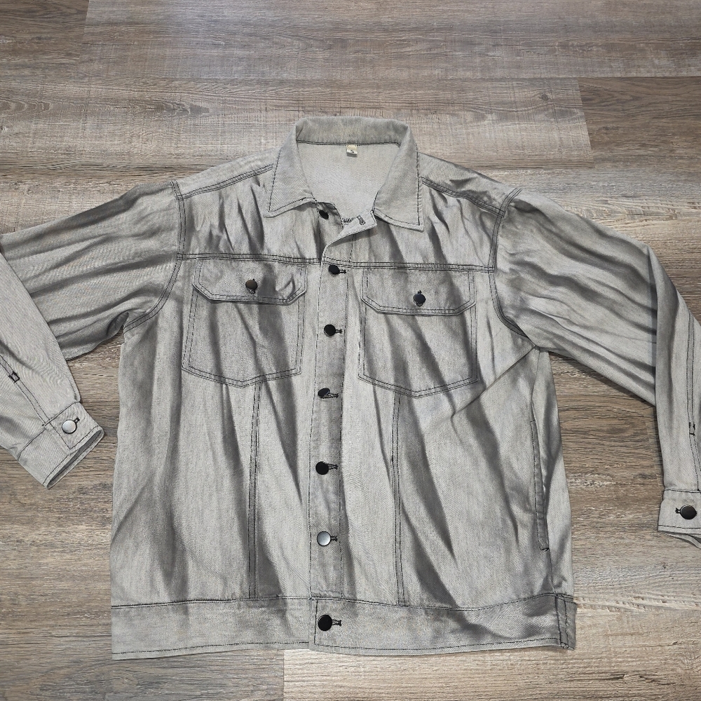Distressed Black Jean Jacket Men's Gray Denim Jacket Size M Loose Fit